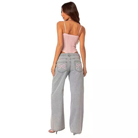 Edikted Bow Pocket Wide Leg Relaxed Jean Sz Med Light Wash Baggy Coquette - Picture 14 of 15